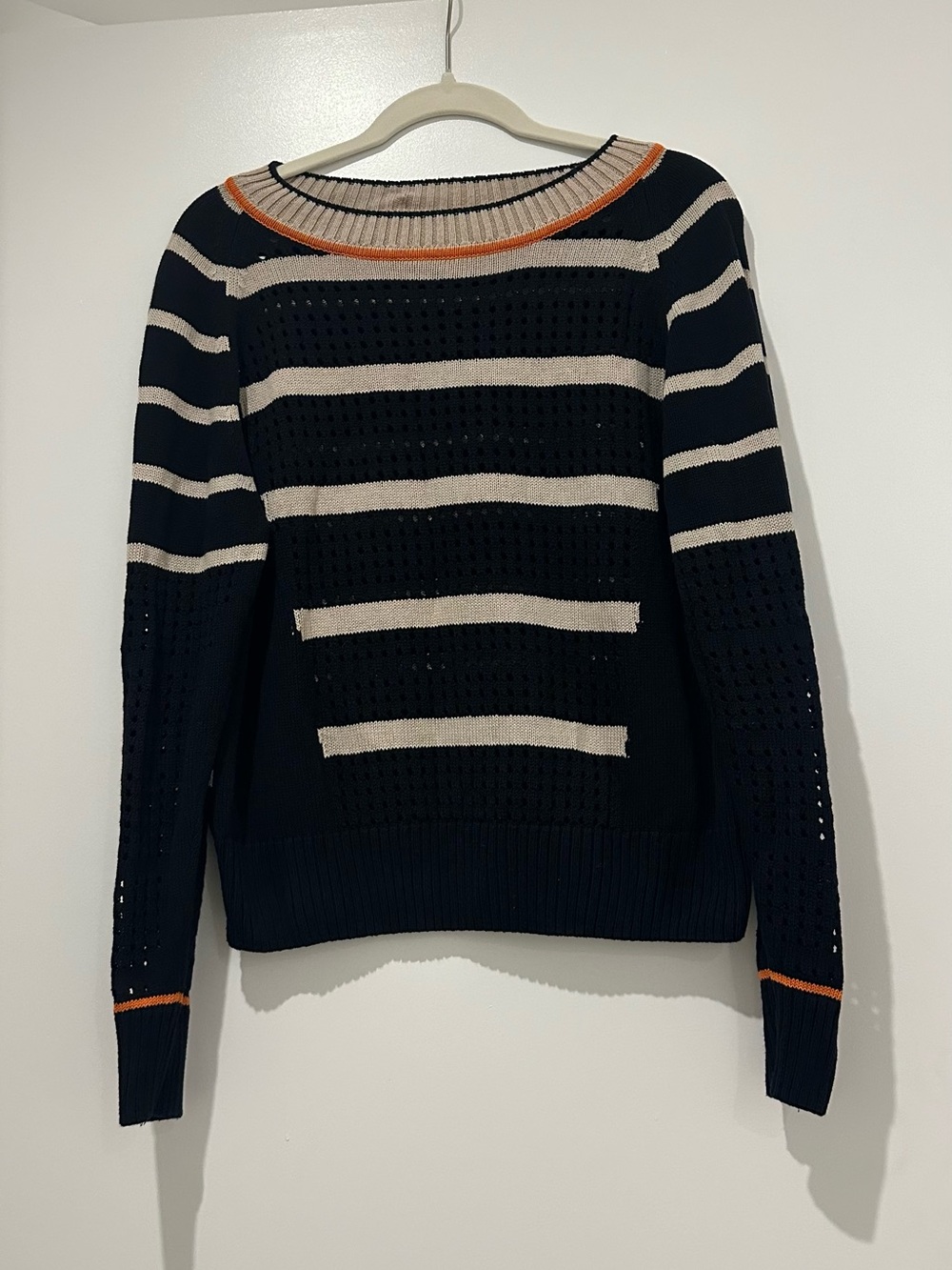 Saint + Sofia 100% Cotton Open Knit Striped Cambridge Sweater